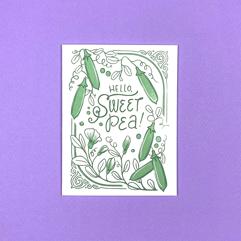 Garden inspired card with 'Hello, Sweet Pea!' text and green peas
